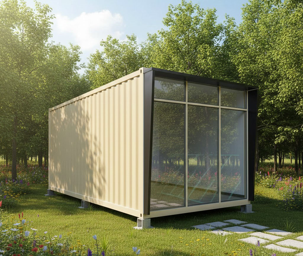 Casă flat-pack – bej cu perete integral din sticlă